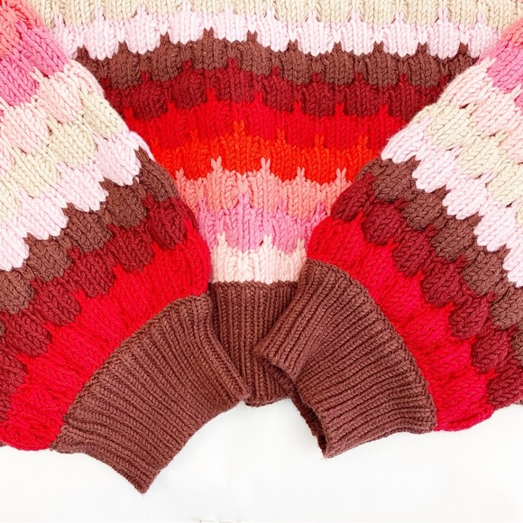 THML Textured Chunky Knit Striped Puffy Crewneck Sweater Red Pink - Picture 10 of 14